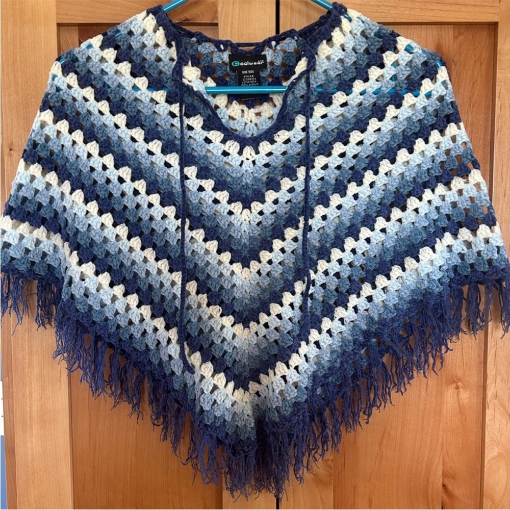 Coolwear vintage Blue navy White  baby blue Crochet Poncho shrug child one size